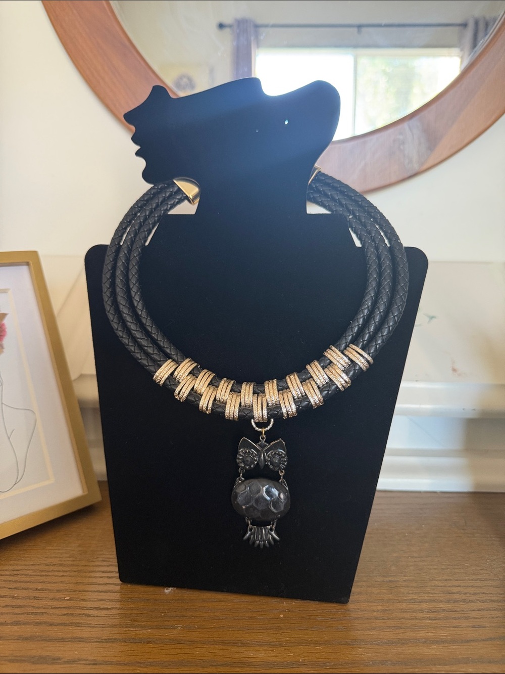 Hand Crafted Black Braided Necklace with Gold Accents & Owl Pendant